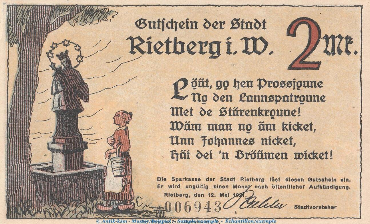 Seriennotgeld Deutschland Notgeld Rietberg 2 Mark Notgeld Stadt