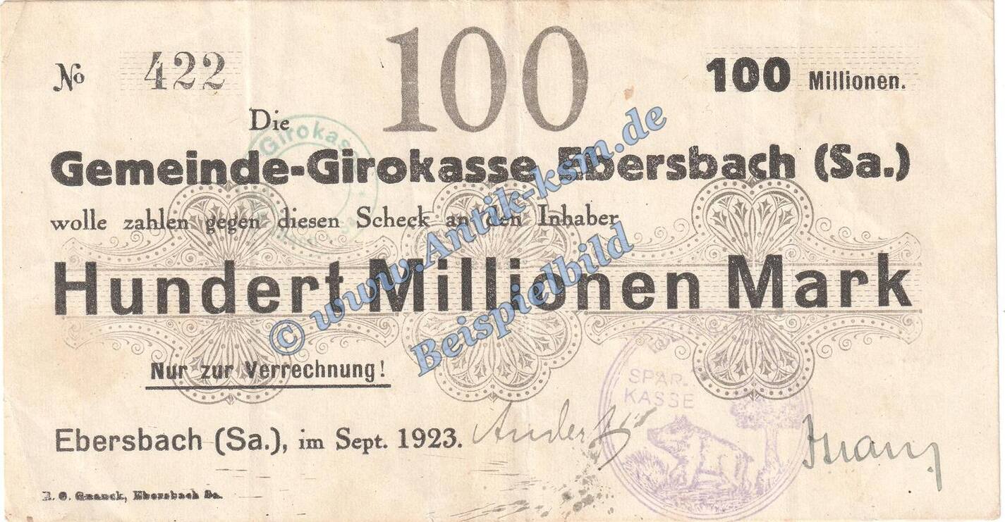 Inflation 100 Mio Mk 1923 Ebersbach Banknote 100 Millionen Mark