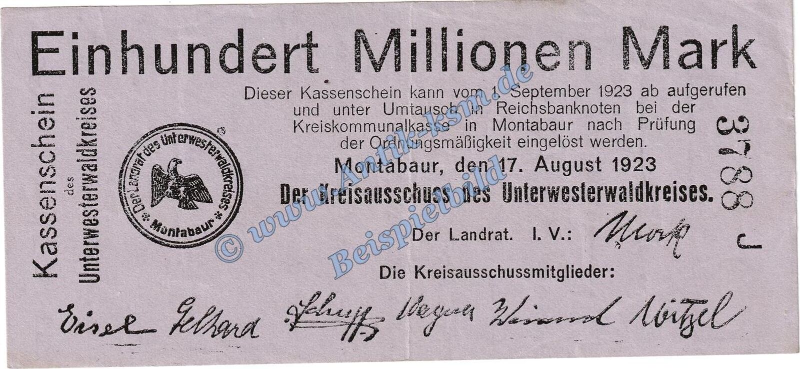 Großnotgeld Inflation De 100 Mio Mk Montabaur Banknote 100 Millionen