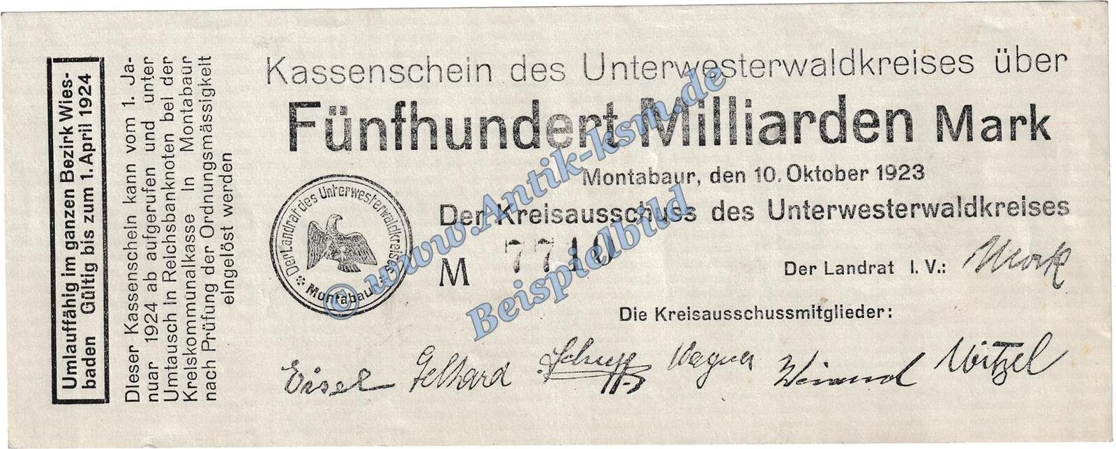 Großnotgeld Inflation De 500 Mia Mk Montabaur Banknote 500