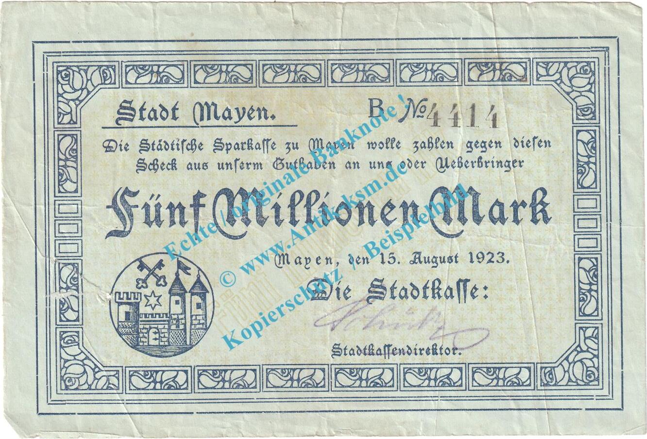 Inflation De Mio Mk Mayen Notgeld Millionen Mark Schein In Gbr