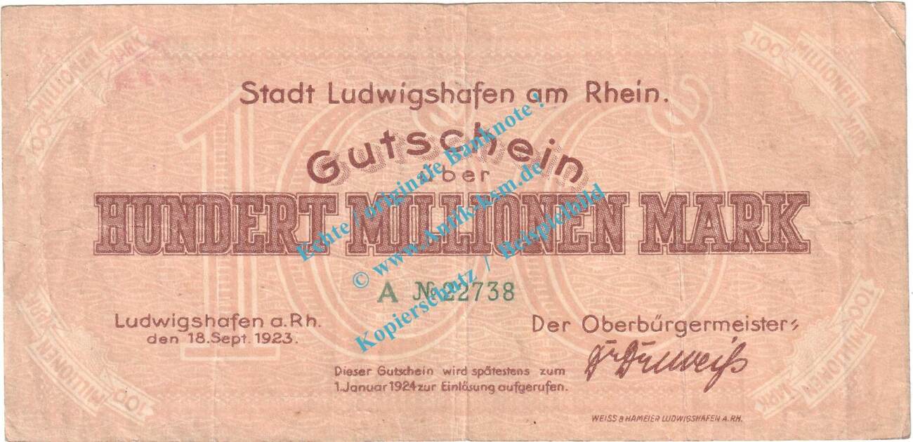 Inflation DE 100 Mio Mk 1923 Ludwigshafen Notgeld 100 Millionen Mark