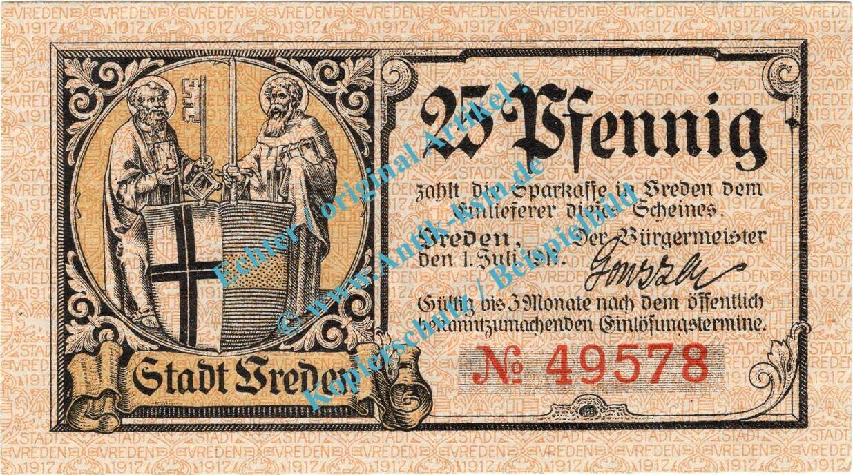 Notgeld DE 25 Pf Vreden Notgeld 25 Pfennig Schein In Kfr Tieste 7635