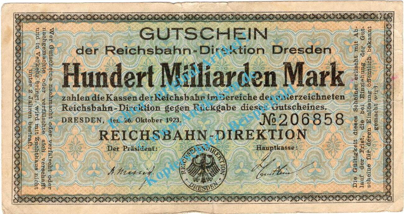 Inflation DE 100 Mia Mk Dresden Notgeld 100 Milliarden Mark Schein