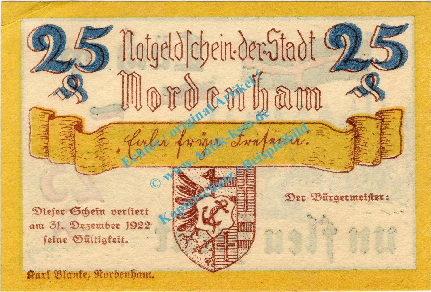 Notgeld DE 25 Pf Nr 1 Fehldruck O D Nordenham Notgeld 25 Pfennig