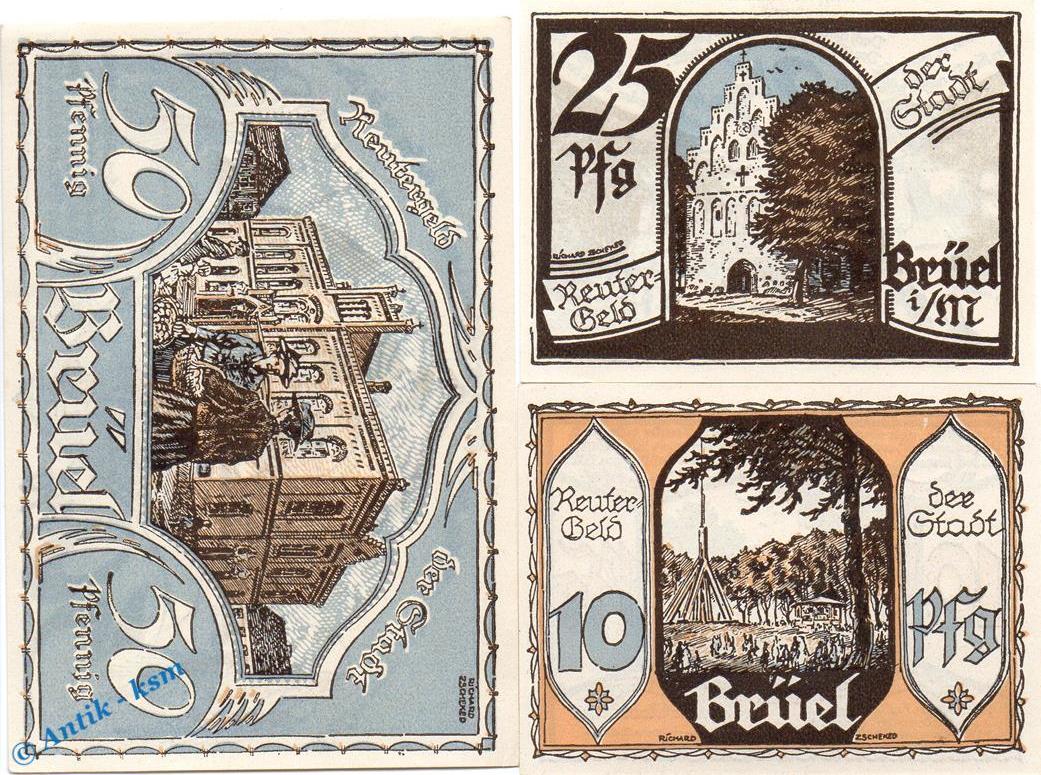 Notgeld De 3 Scheine kpl o D 1922 Brüel Reutergeld Set mit 3