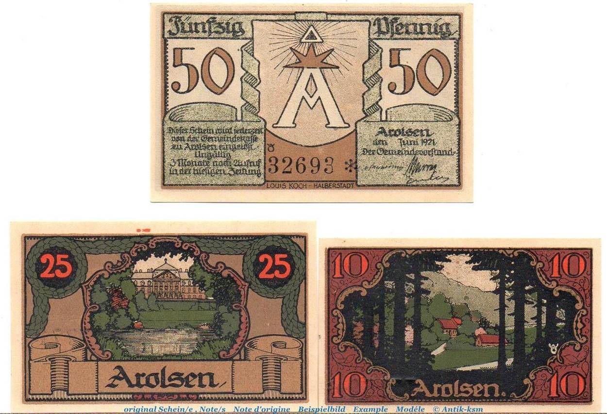 3 Scheine Kpl 3 X Notgeld Der Stadt Arolsen 44 1 Set Mit 3 Scheinen