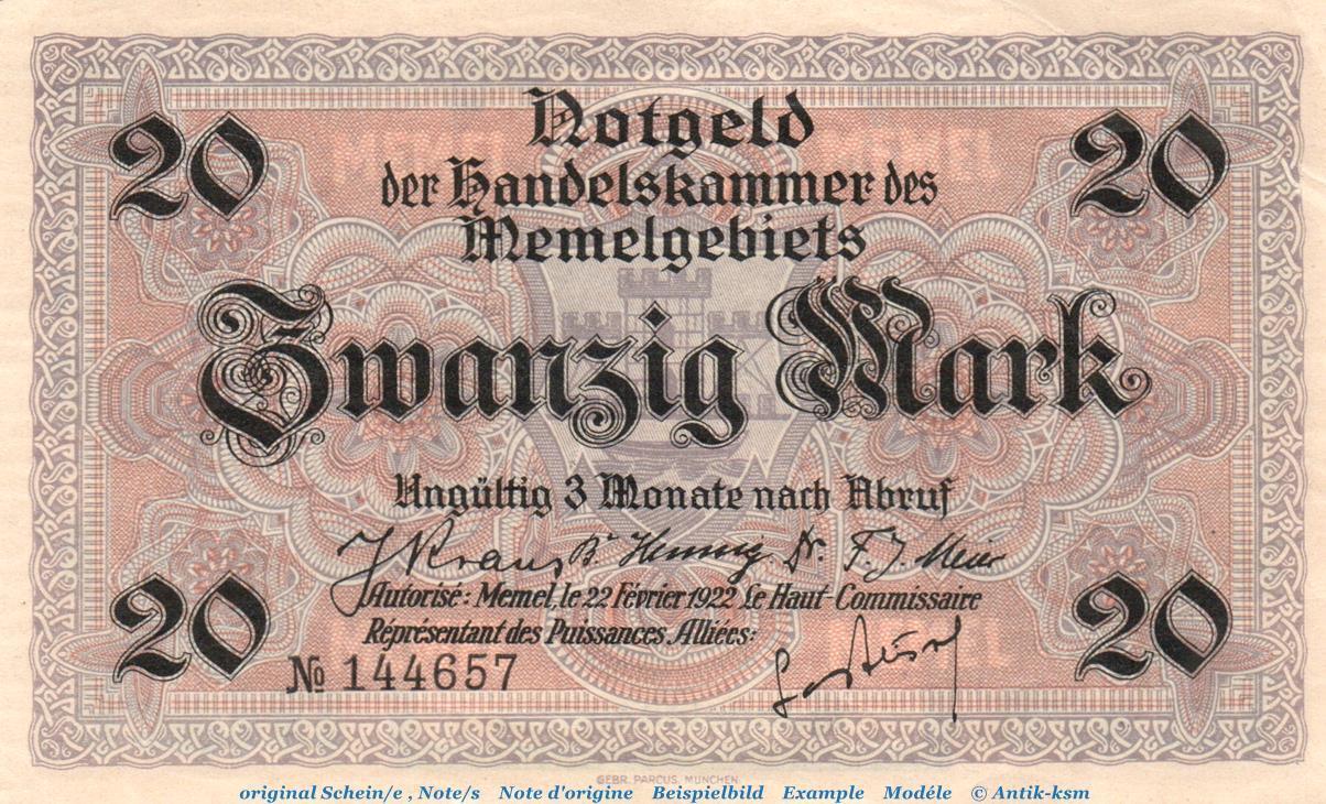 Deutsche Nebengebiete Notgeld Memel 20 Mark 1922 Banknote 20 Mark