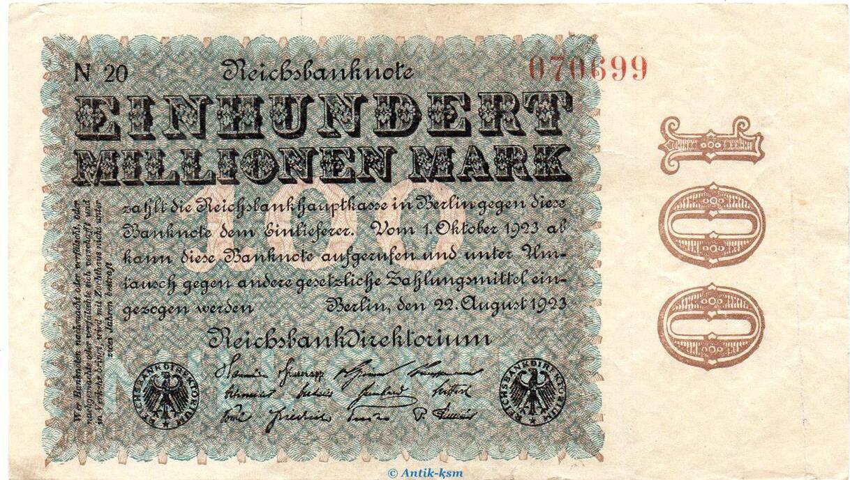 Weimarer Republik Inflation 1923 Reichsbanknote 100 Millionen Mark