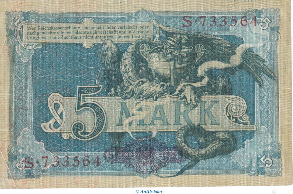 Deutsches Kaiserreich Reichsbanknote 5 Mark Schein In F Kfr DEU 52 A