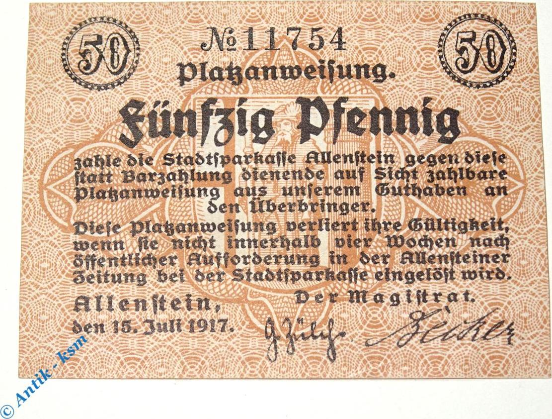 Notgeld Allenstein 50 Pfennig Schein Tieste 0045 10 03 Von 1917