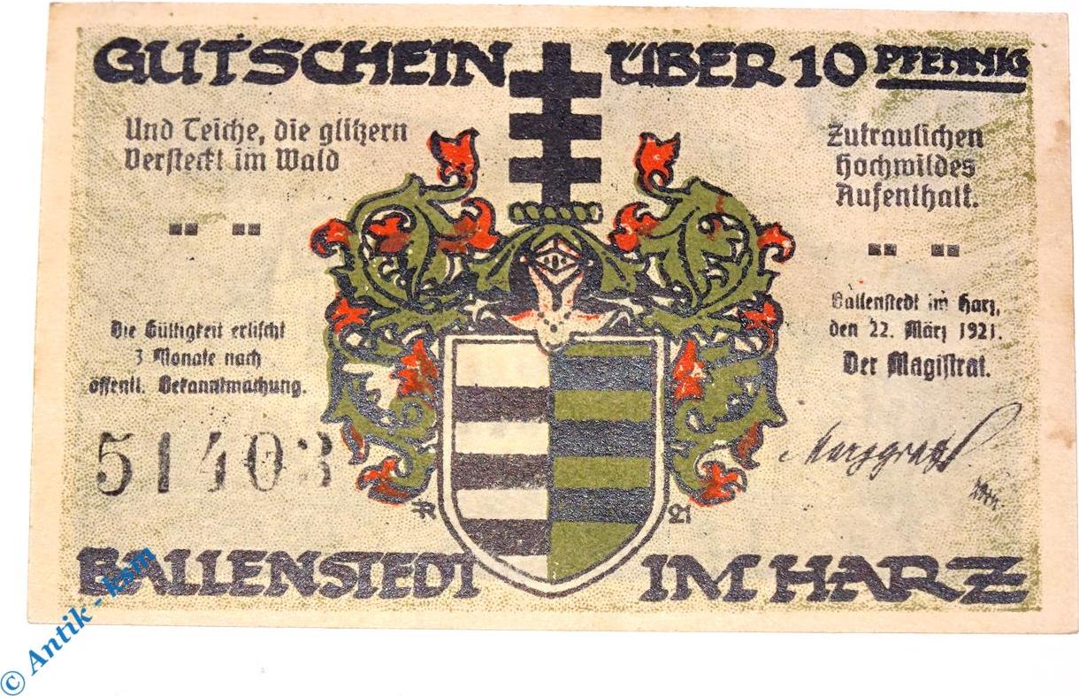 Notgeld Ballenstedt Pfennig Schein Nr Kennummer Schwarz Mehl