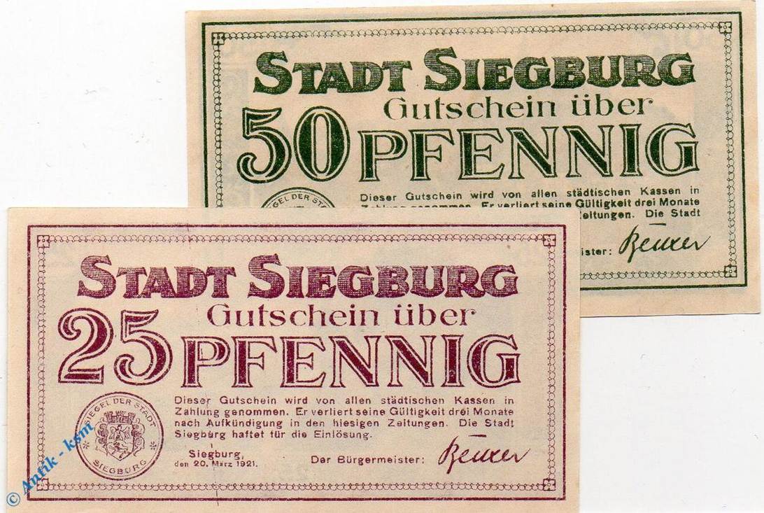 Notgeld De Scheine Kpl Notgeld Siegburg Set Mit Scheinen Kfr