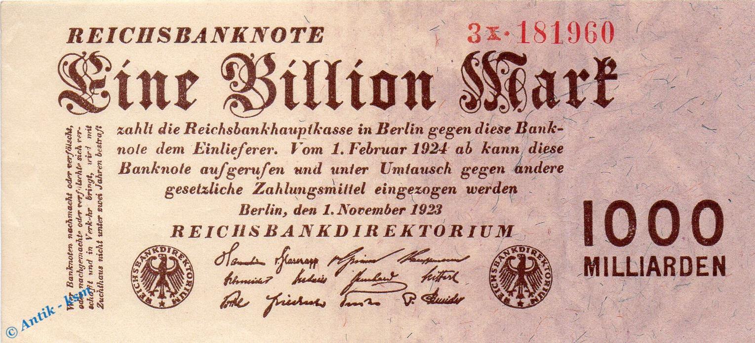 Banknoten Reichsbanknote 1 Billion Mark Schein In F Kfr DEU 155 B