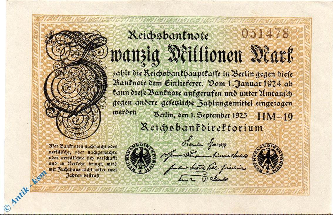 Weimarer Republik Mio Mk Reichsbanknote Millionen Mark Wz