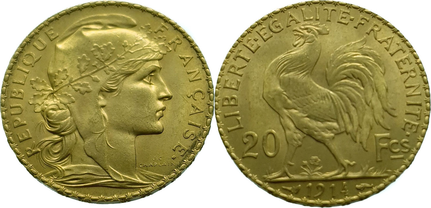 France 20 Francs 1914 Marianne Gold UNC Uncirculated MA Shops