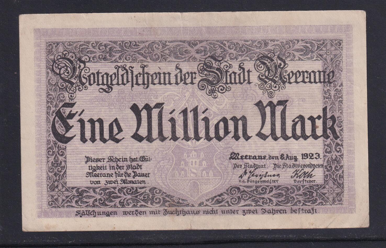 Weimarer Republik Sachsen 1 Million Mark 1923 Meerane Stadt Serie 2