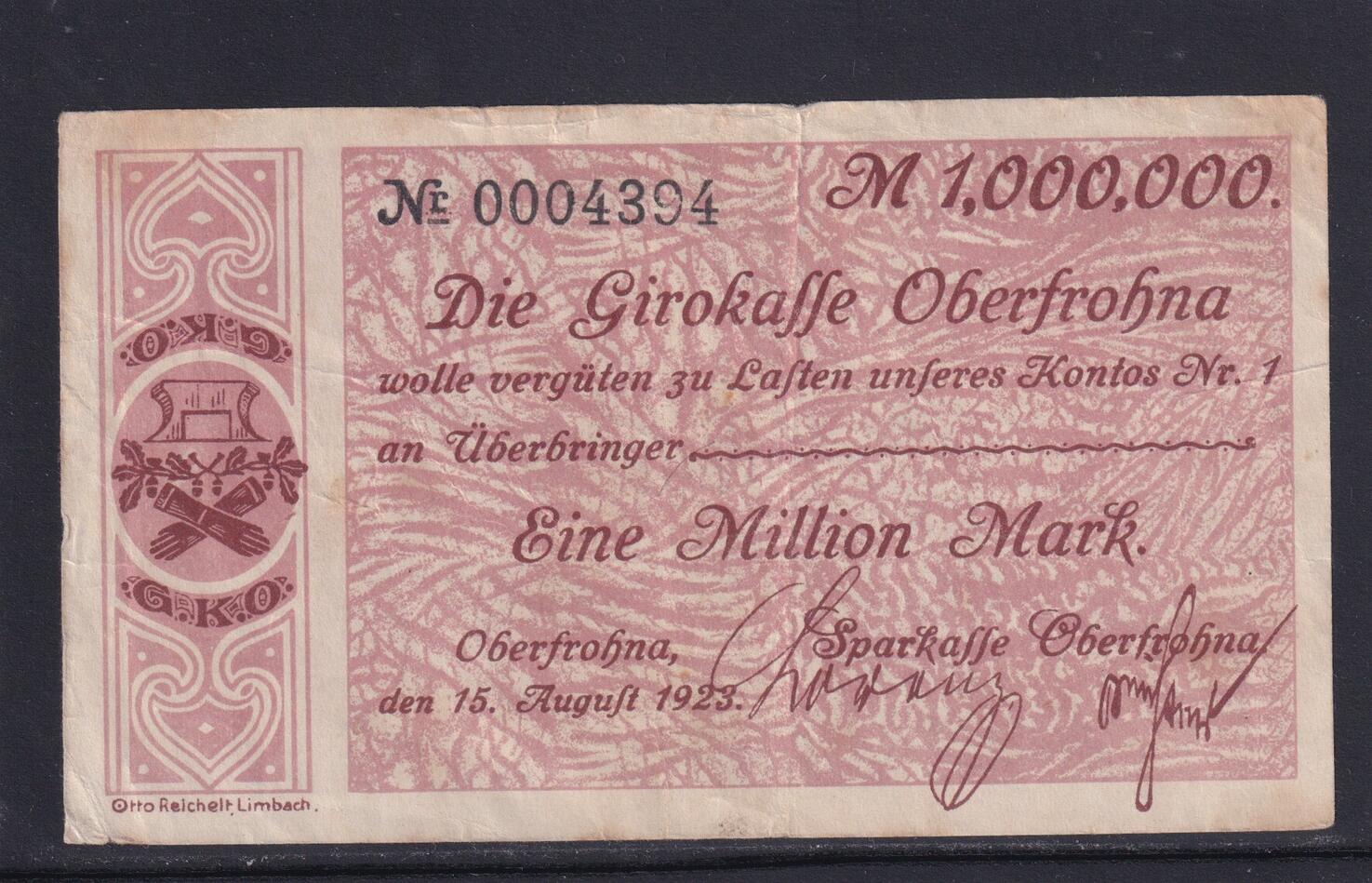 Deutsches Reich Sachsen 1 Million Mark 1923 Oberfrohna Sparkasse Auf