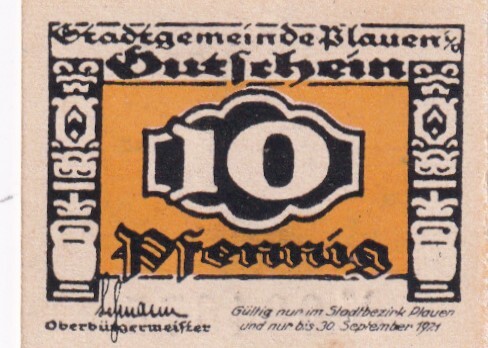 Weimarer Republik Sachsen 10 Pfennig 1921 Plauen Stadtgemeinde Fast