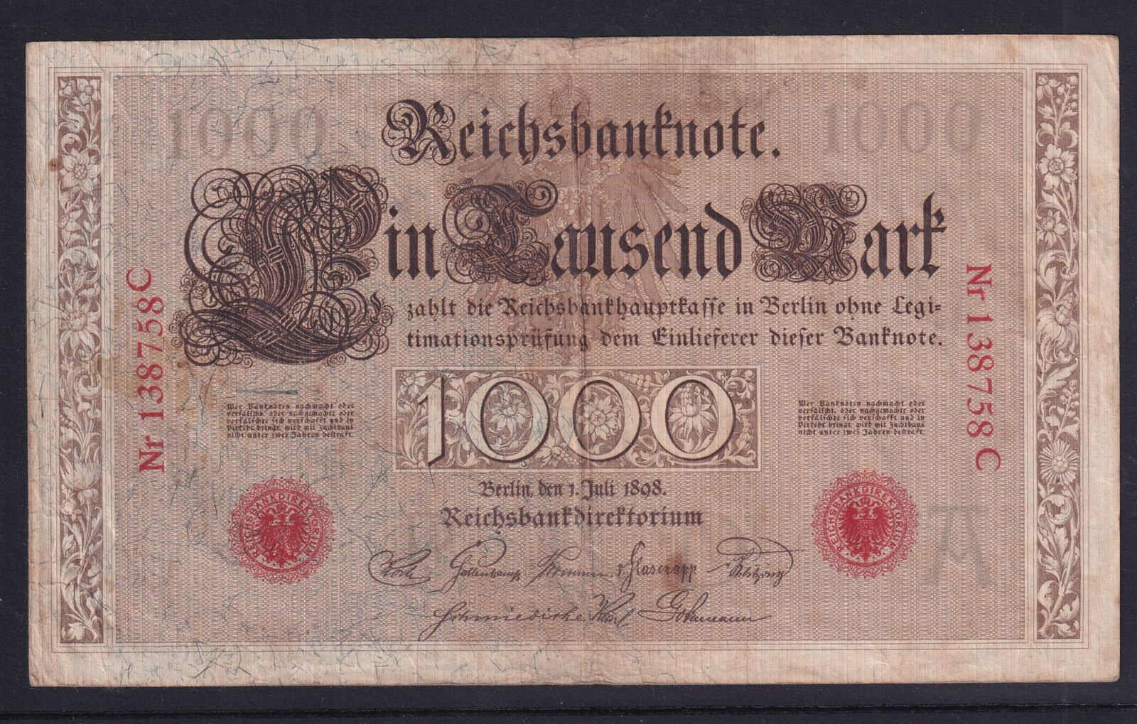 Kaiserreich Reichsbanknote 1000 Mark 1898 Ro 18 DEU 14 Serie C Udr