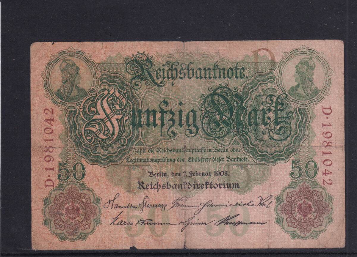 Weimarer Republik Reichsbank 50 Mark 1908 Ro 32 DEU 30 Serie D