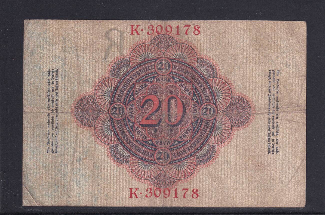 Kaiserreich Reichsbanknote 20 Mark 1910 Ro 40a DEU 37a KN 6 Stellig