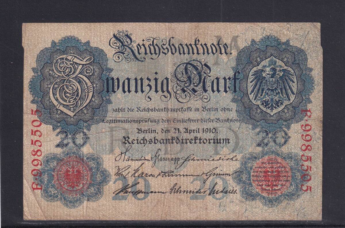 Kaiserreich Reichsbanknote 20 Mark 1910 Ro 40b DEU 37b KN 7 Stellig