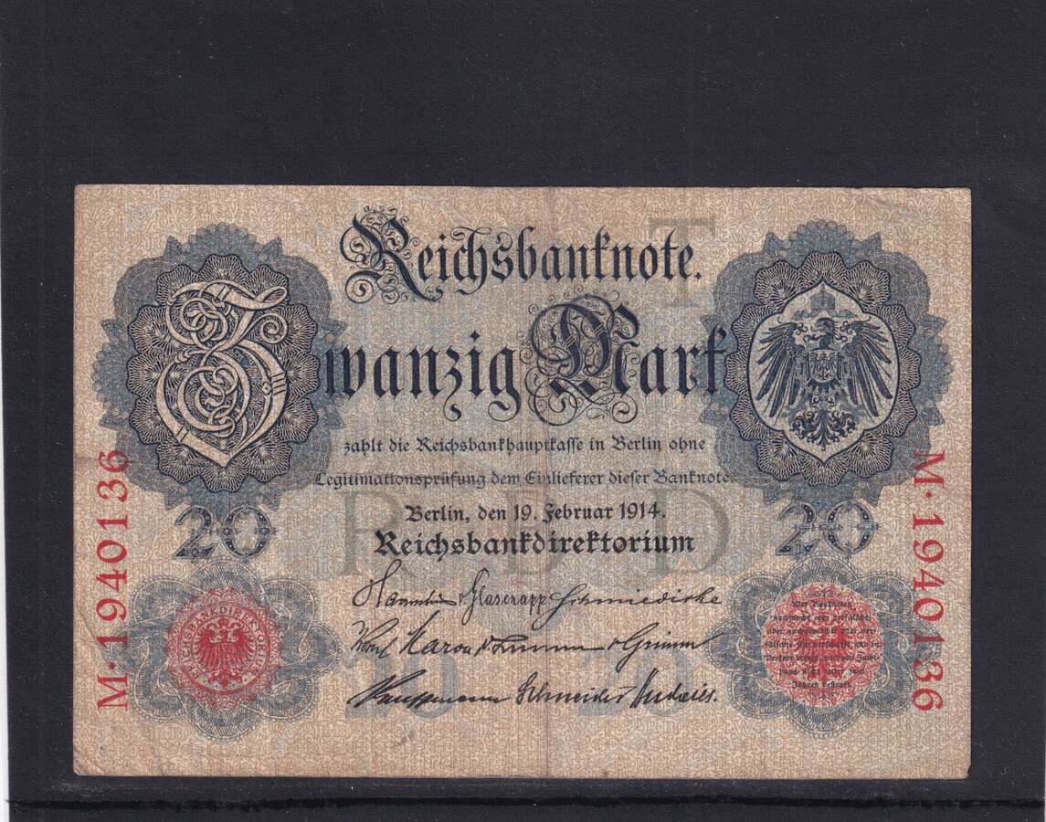 Kaiserreich Reichsbanknote 20 Mark 1914 Ro 47b DEU 41b KN 7 Stellig