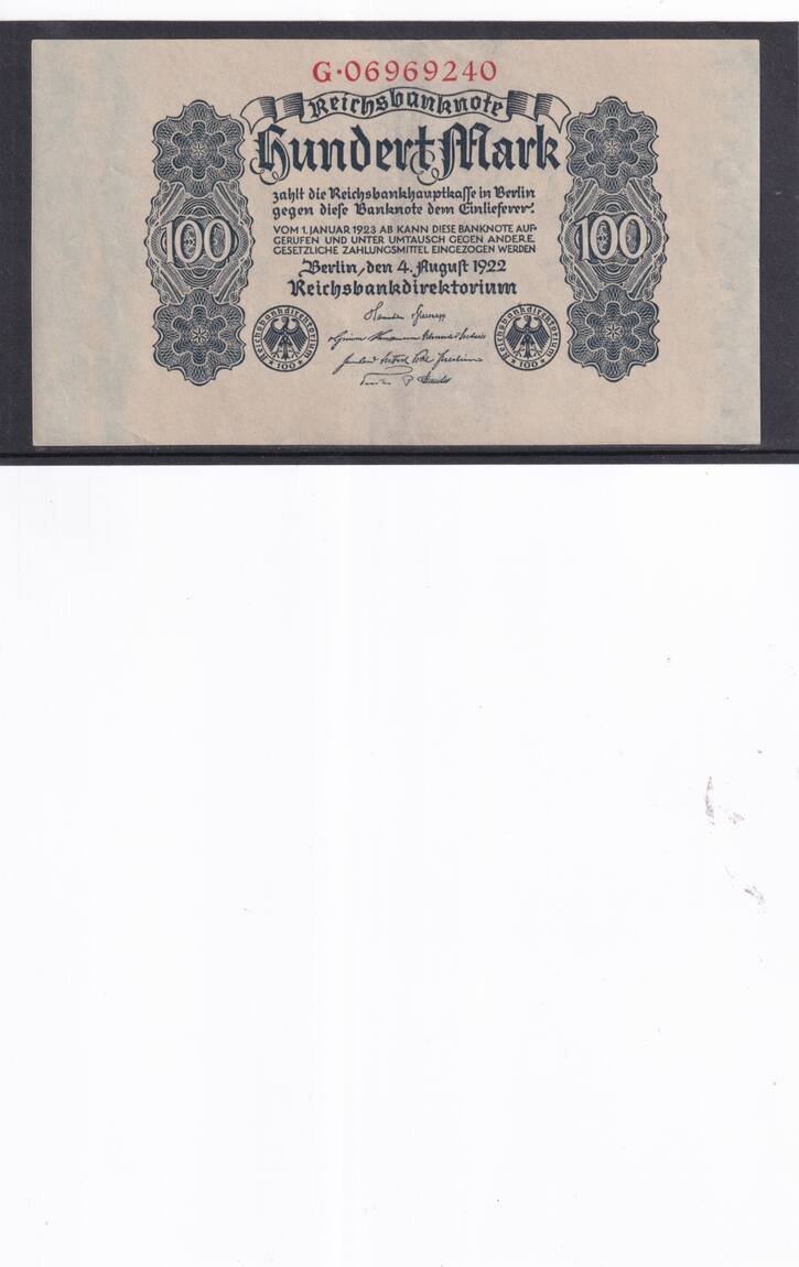 Weimarer Republik Reichsbank 100 Mark 1922 Ro 72 DEU 83 Serie G