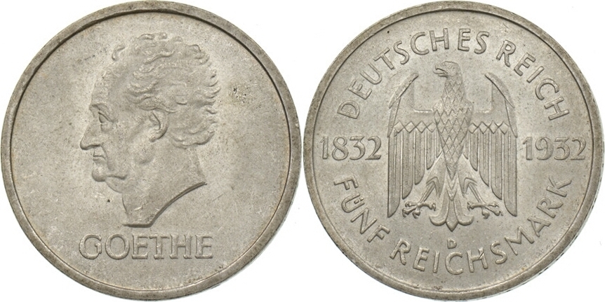 Weimar 5 Reichsmark 1932 D Goethe Vz St Bis Fast St MA Shops