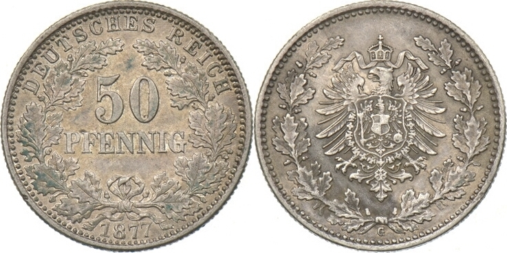 Kaiserreich 50 Pfennig 1877 G Vz St MA Shops