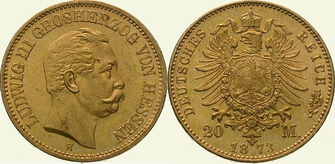 Hessen 20 Mark Gold 1873 H Ludwig III 1848 1877 Fast Stempelglanz