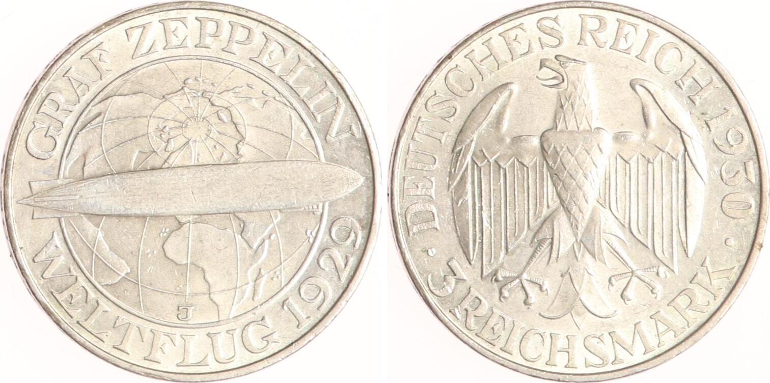 Weimarer Republik 3 Reichsmark 1930 J Zeppelin Vorzüglich MA Shops