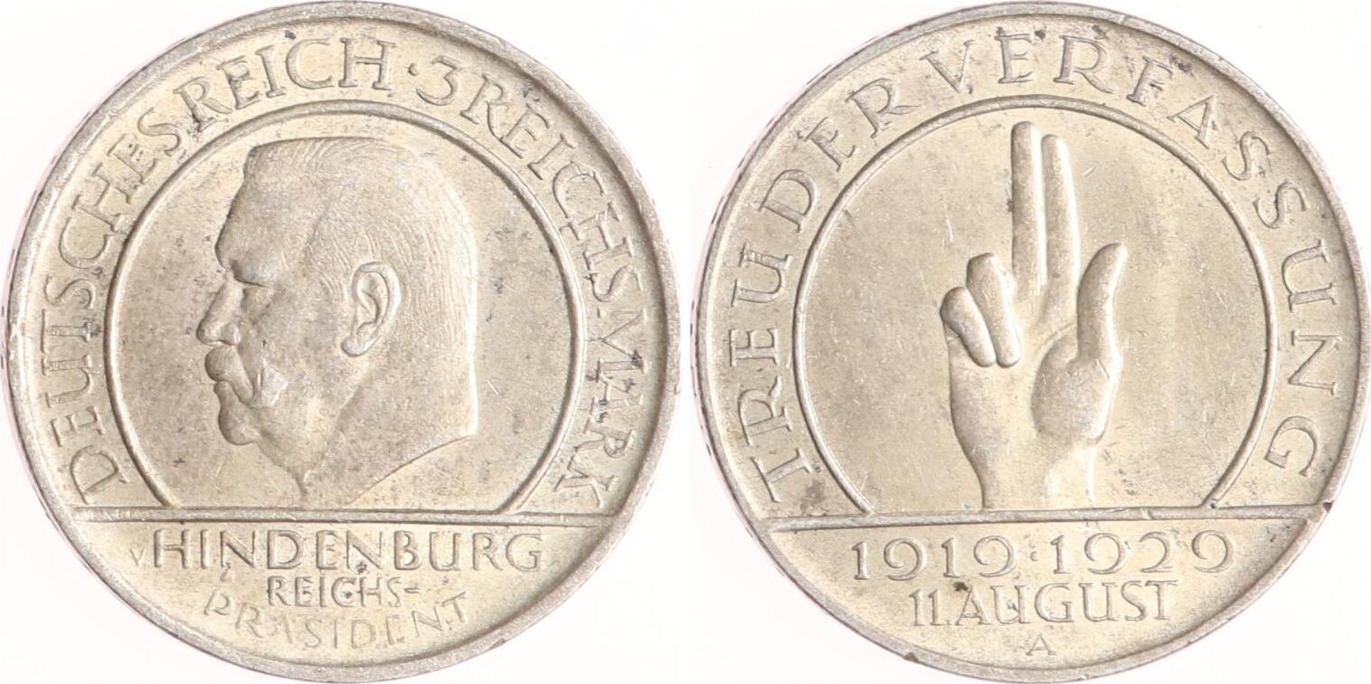 Weimarer Republik 3 Reichsmark 1929 A Verfassung Sehr schön