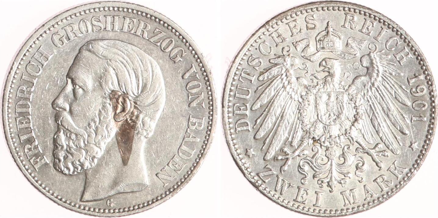 Baden 2 Mark 1901 G Friedrich I 1856 1907 Sehr schön vorzüglich