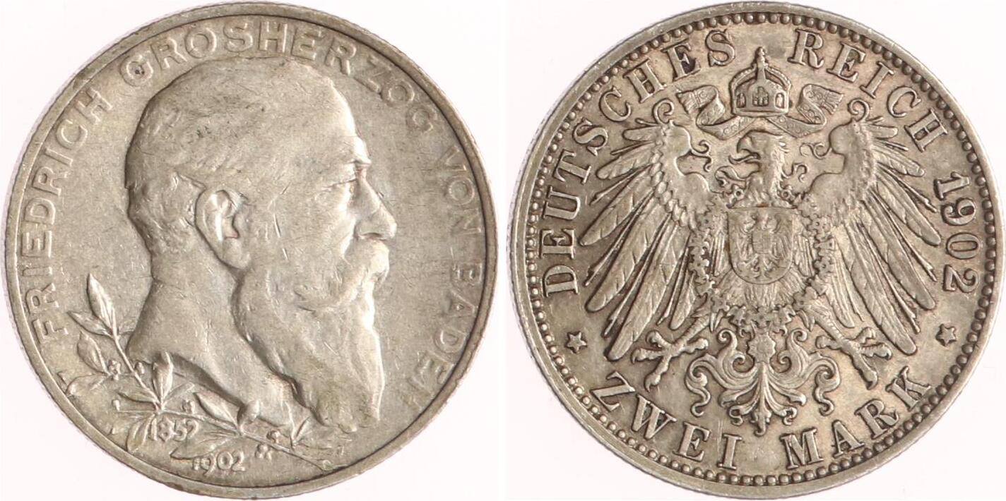 Baden 2 Mark 1902 G Friedrich I 1856 1907 Sehr schön vorzüglich