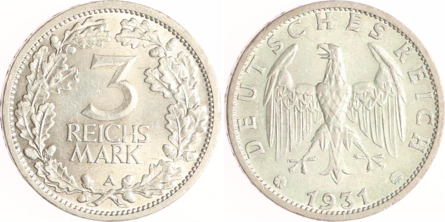 Weimarer Republik 3 Reichsmark 1931 A Umlaufmünze Vorzüglich MA Shops