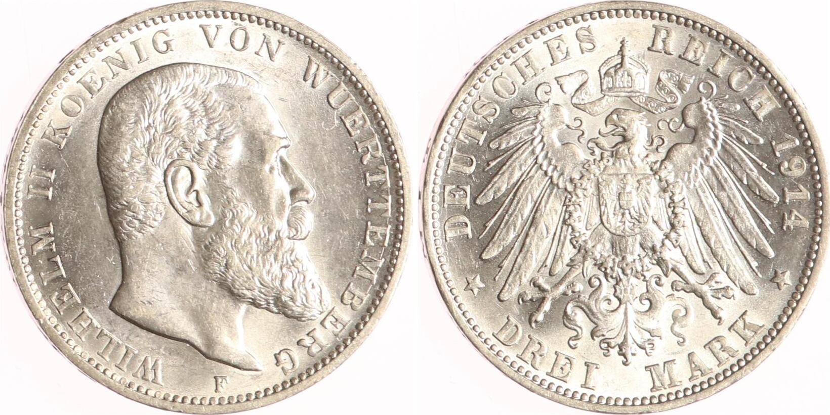 Württemberg 3 Mark 1914 F Wilhelm II 1891 1918 Vorzüglich