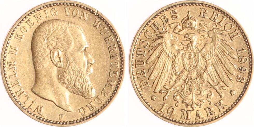 Württemberg 10 Mark 1893 F Wilhelm II 1891 1918 Sehr schön MA Shops