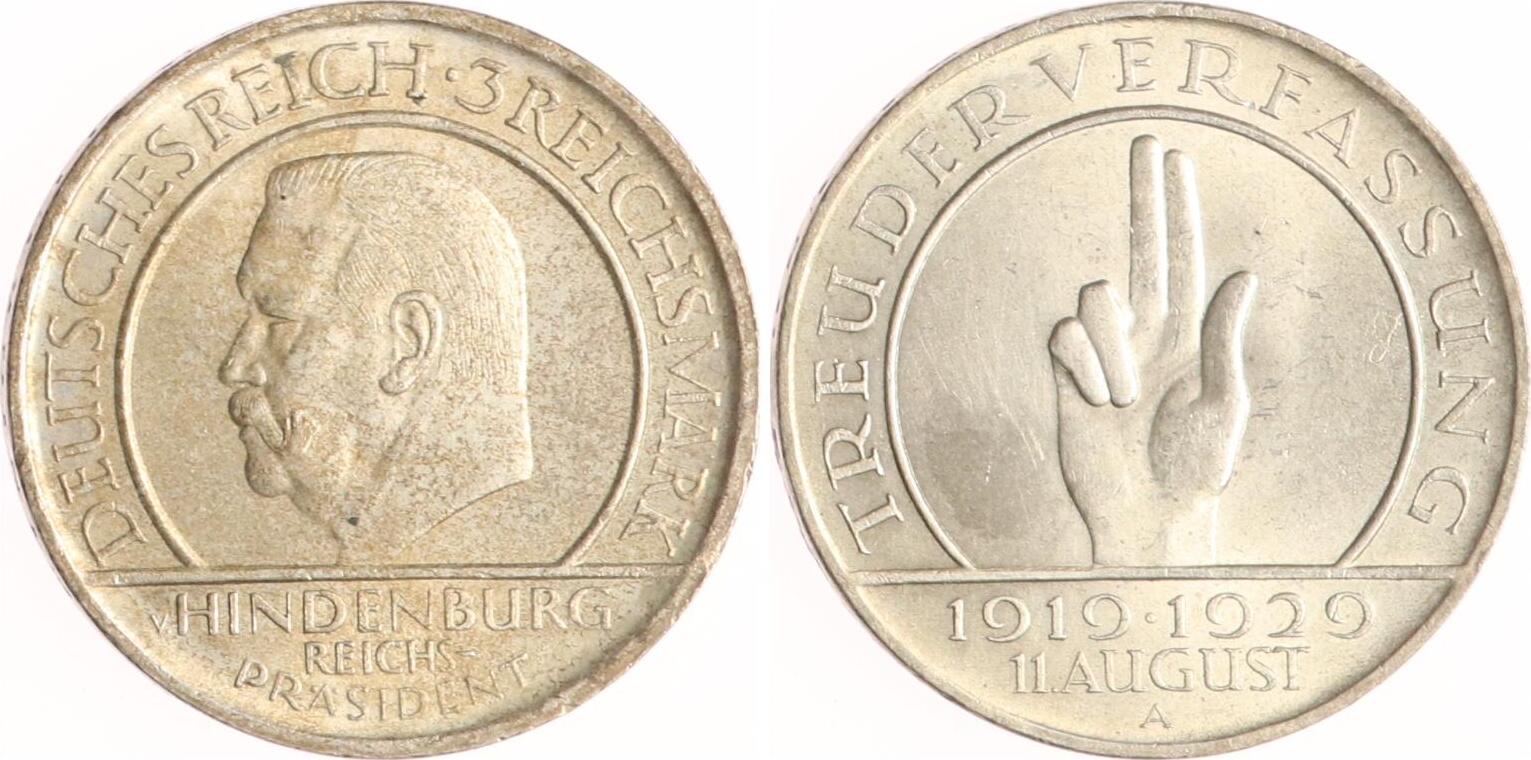 Weimarer Republik 3 Reichsmark 1929 A Verfassung Vorzüglich MA Shops