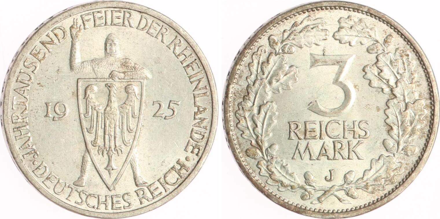 Weimarer Republik 3 Reichsmark 1925 J Rheinlande Vorzüglich