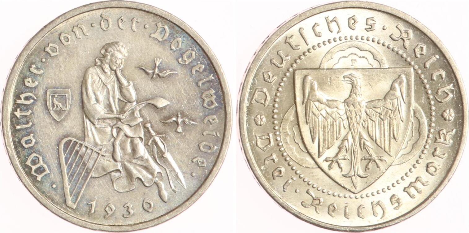 Weimarer Republik 3 Reichsmark 1930 F Vogelweide Vorzüglich MA Shops