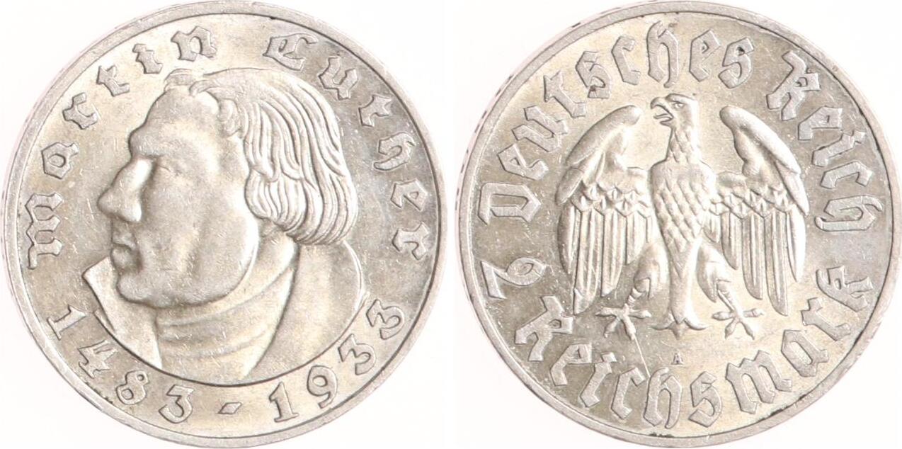 Drittes Reich 2 Reichsmark 1933 A Martin Luther Vorzüglich