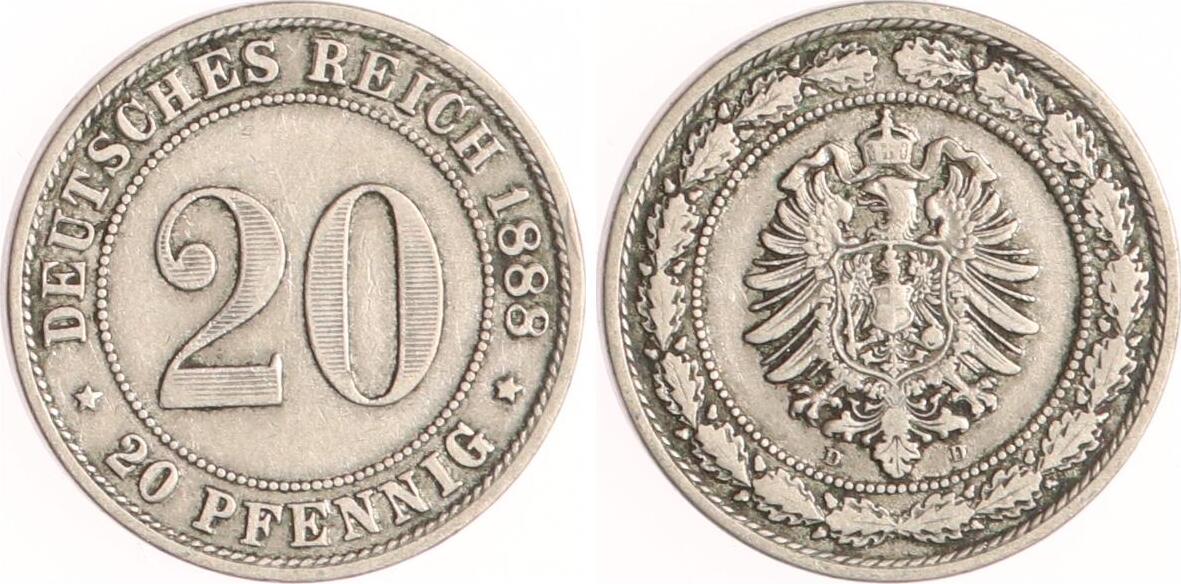 Kaiserreich 20 Pfennig 1888 D Sehr schön MA Shops