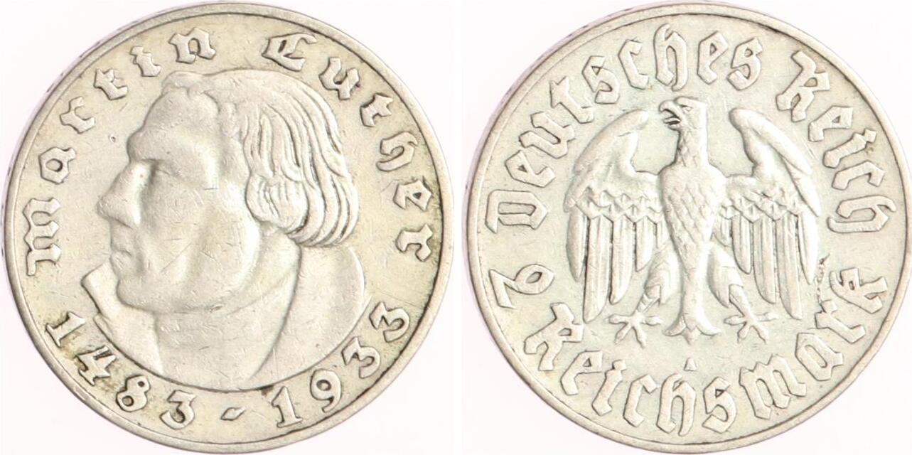 Drittes Reich 2 Reichsmark 1933 A Martin Luther Sehr schön MA Shops