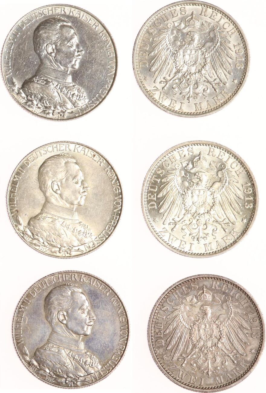 Preussen 3 x 2 Mark 1913 A Wilhelm II 1888 1918 vorzüglich