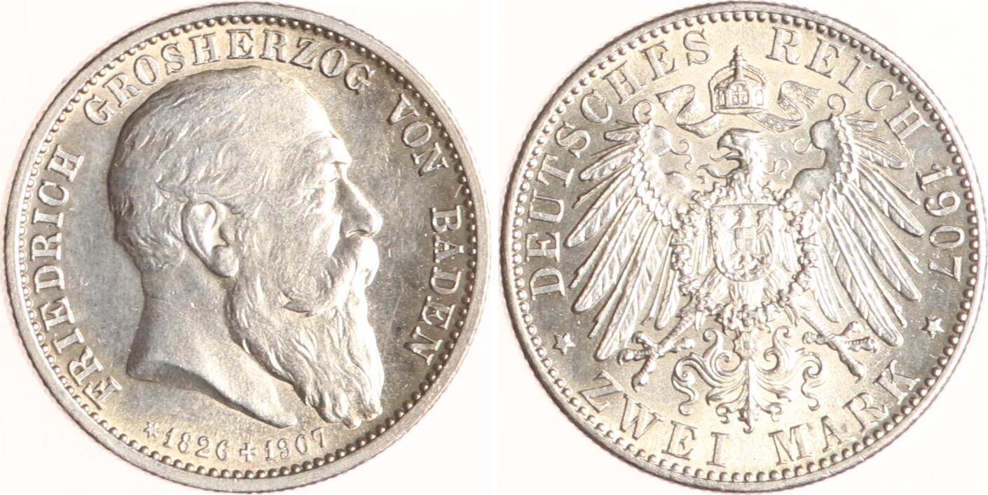 Baden 2 Mark 1907 G Friedrich I 1856 1907 Vorzüglich Stempelglanz