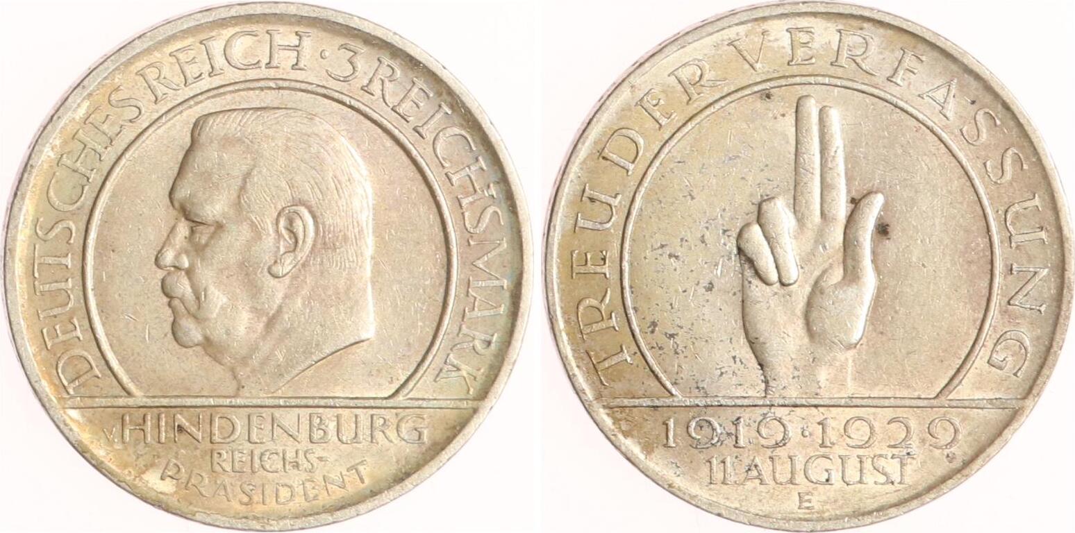 Weimarer Republik 3 Reichsmark 1929 E Verfassung Sehr schön