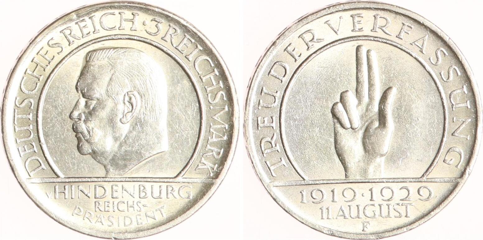 Weimarer Republik 3 Reichsmark 1929 F Verfassung Sehr schön