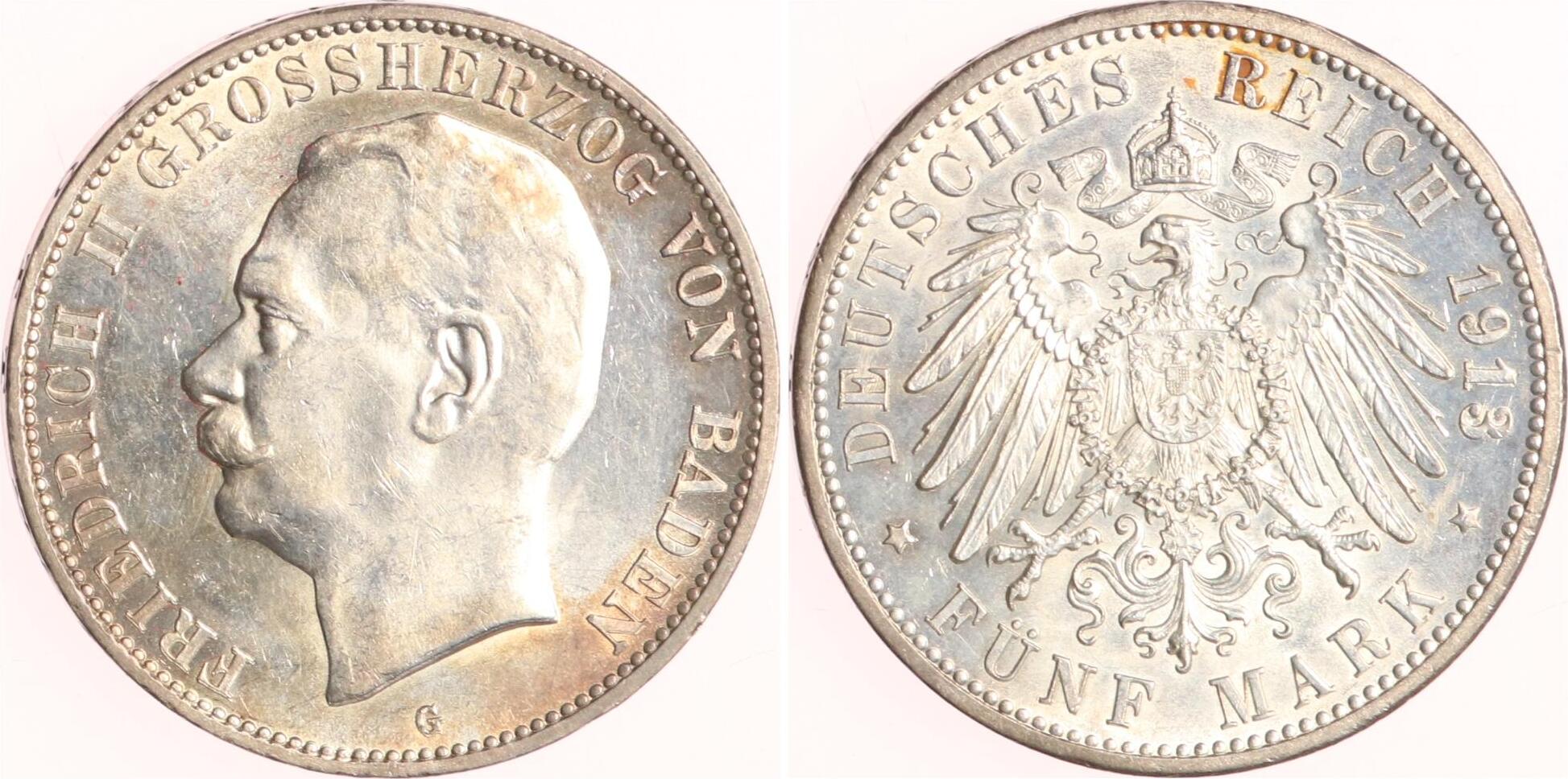 Baden 5 Mark 1913 G Friedrich II 1907 1918 Vorzüglich Stempelglanz